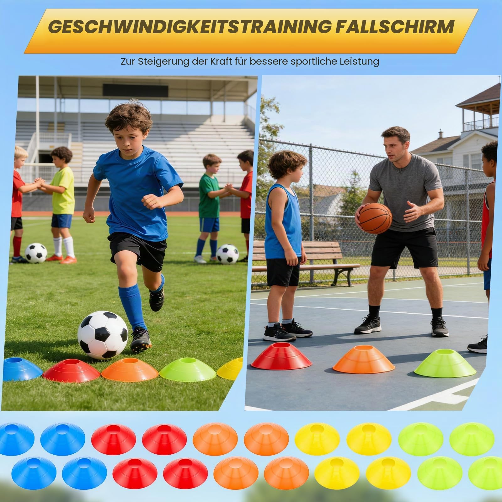 Fußball Trainingsset - Koordinationsleiter 6m, 20 Hütchen, Einstellbare Hürden, Springseil & Widerstandsbänder | Komplettset mit Tragetasche | Fussball Trainingszubehör fürJugendliche & Erwachsene