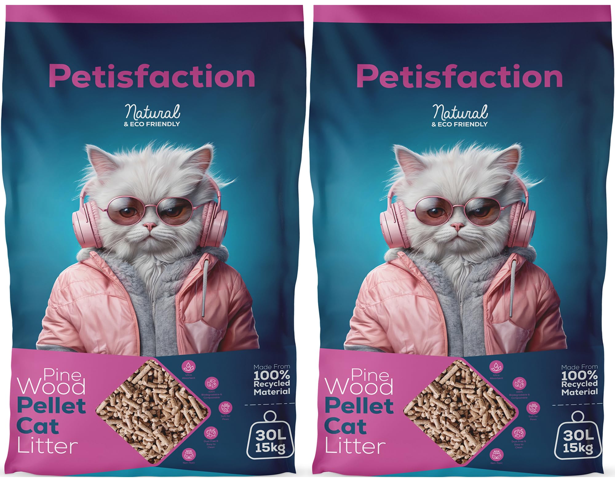 Petisfaction 2X30L Premium Wood Pellets Cat Litter, Odour Control Cat  Litter Wooden Pellets, Non Clumping, Highly Absorbent, Biodegradable, Pine  Wood