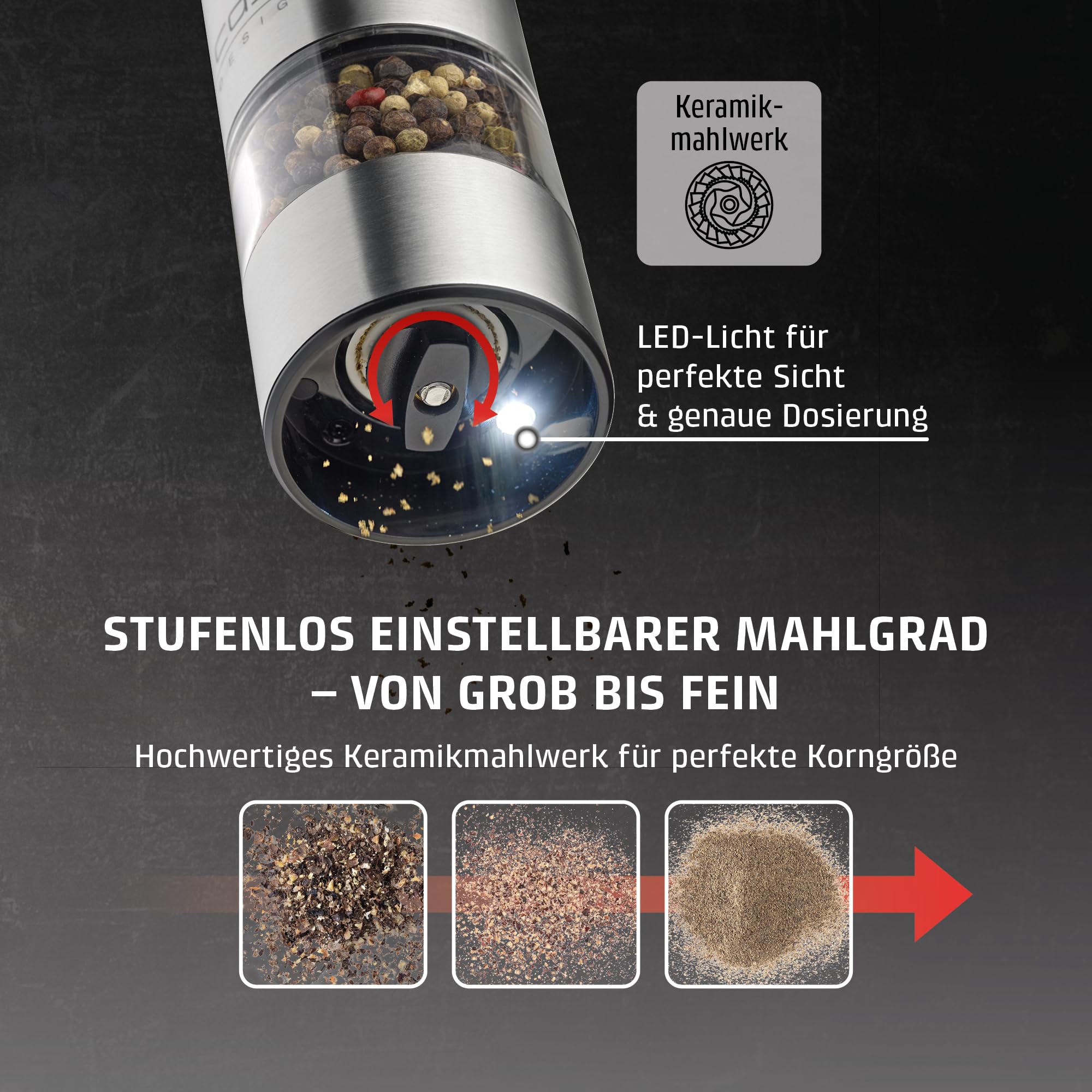 CASO SpiceDuo Elektrische Salz- & Pfeffermühle Set – Edelstahl Gewürzmühlen mit Keramikmahlwerk, stufenlos einstellbar, LED-Licht, USB-C aufladbar, Einhandbedienung & Holzhalterung