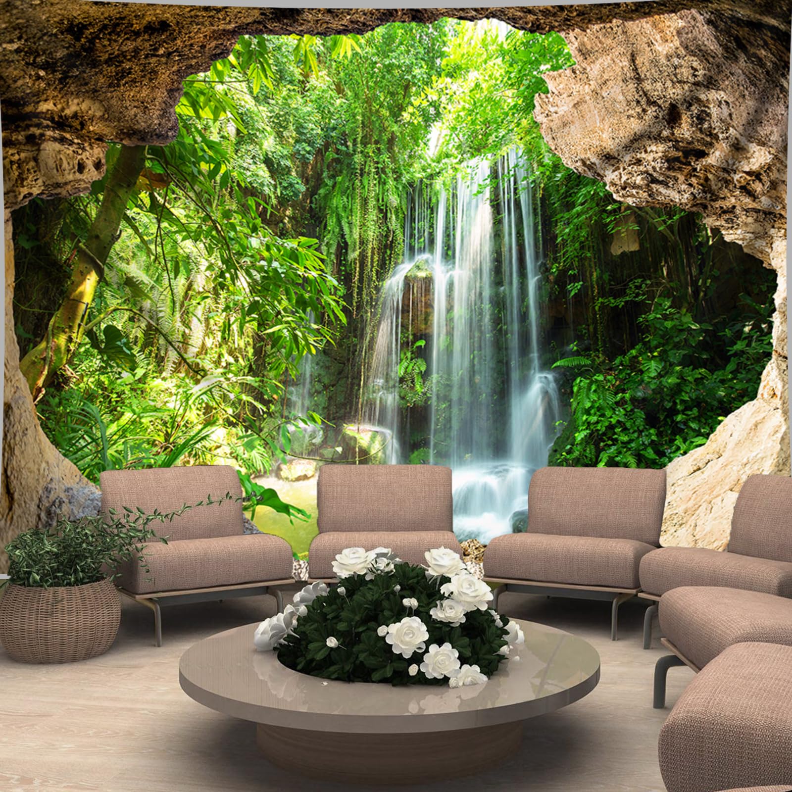 WIERAEM Wald Wandteppich Natur Wasserfall Wasser Wandtuch Groß GrüN Höhle Landschaft Wandbehang Geeignet für Wohnzimmer Schlafzimmer und Arbeitszimmer Dekoration L 300 X H 180cm