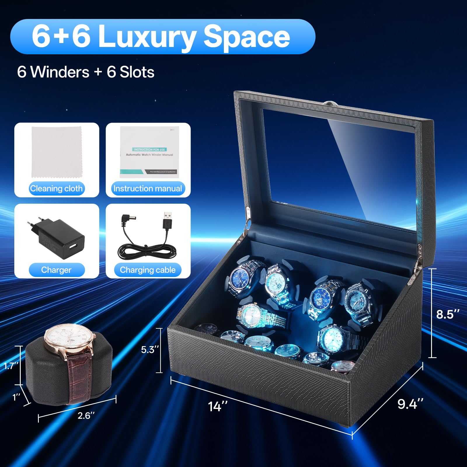 Isili Watch Winder für Automatikuhren, Luxus-Uhrenbeweger mit LED-Beleuchtung, 6er Uhrenbeweger + 6 Staufächer mit leisen Motoren, Geschenk für Vatertag (PU-Schlangenleder)