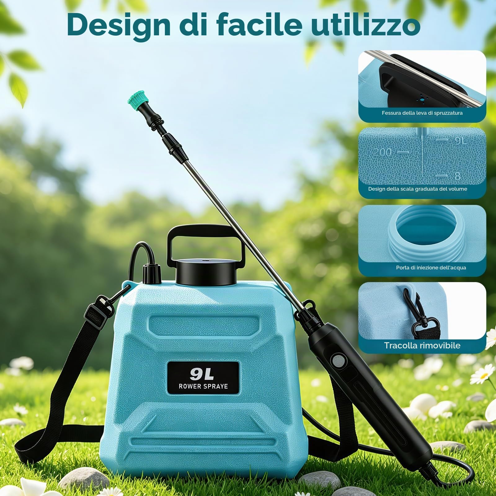 Pompa Irroratrice a Batteria 9L, Spruzzatore Elettrico, Motore Rame 1500mAh 200min, 3 Ugelli + Lancia 80cm, Ricarica USB-C, Nebulizzatore Giardino Elettrico per Piante