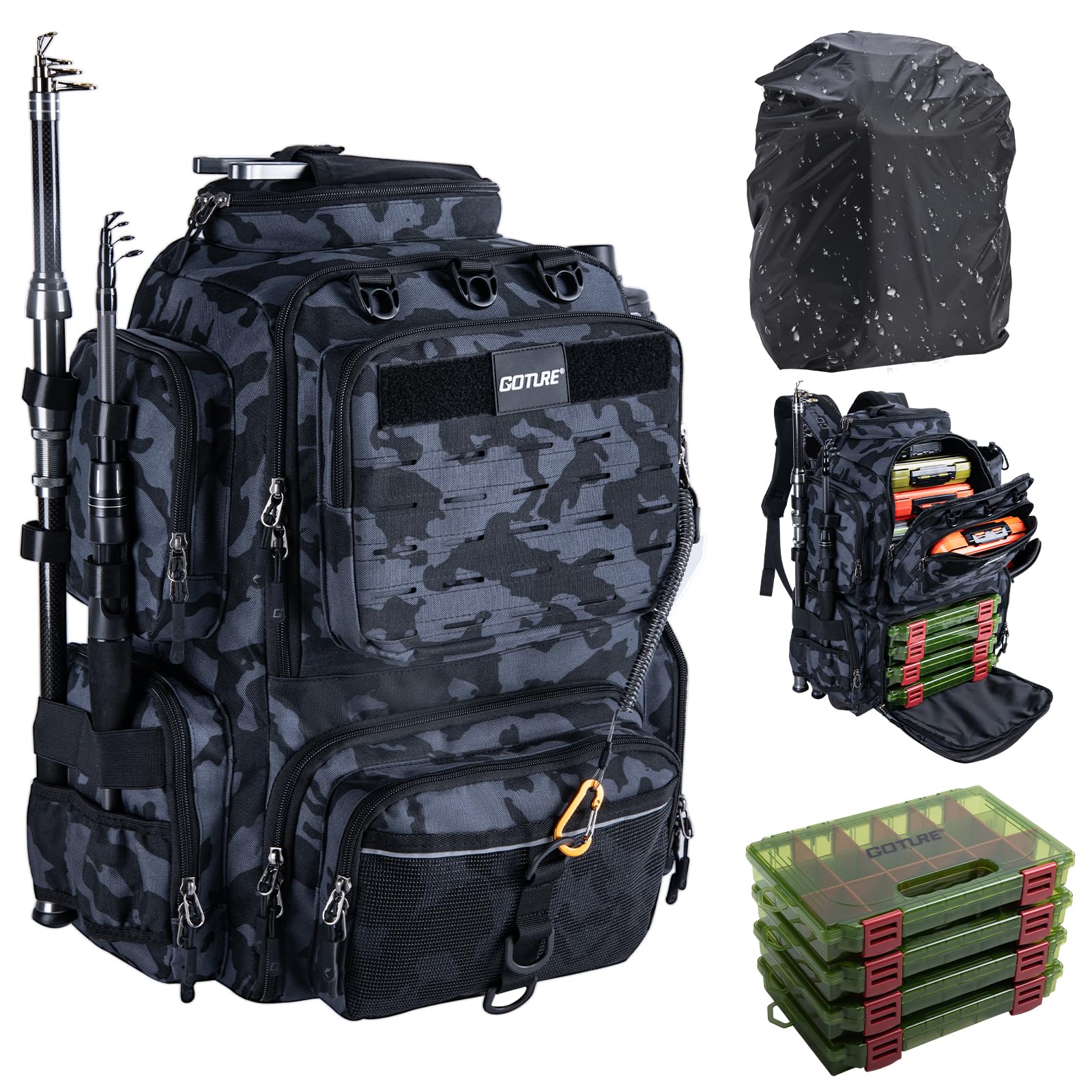 Goture Mochila de pesca con 4 cajas de cebo de pesca, mochila de 45 litros con dos soportes para cañas y protector de lluvia, tela Oxford 900D, bolsa impermeable para aparejos de pesca con