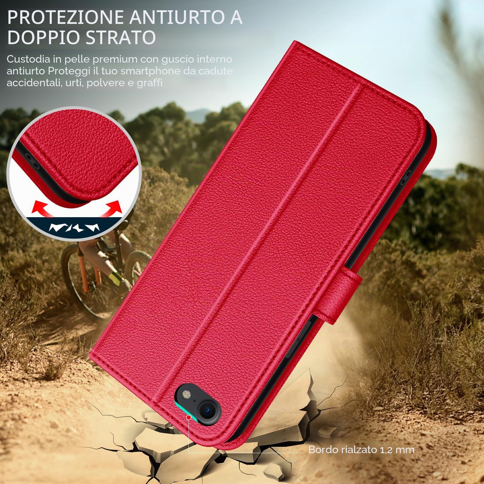 Cover per iPhone SE 2022 / iPhone SE 2020 / iPhone 8/iPhone 7/iPhone 6S/iPhone 6 Cover Custodia a Libro Portafoglio in Pelle con Porta Carte Magnetica Cover Telefono Flip Case Custodia,Rosso