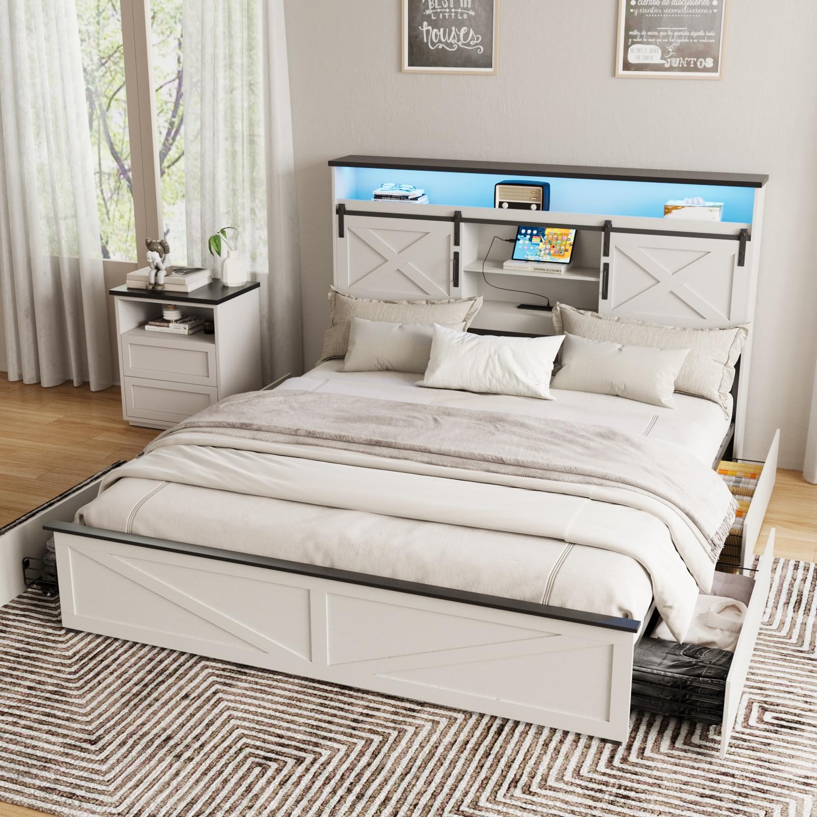 Fameill Farmhouse Queen Size Bed Frame with 4 Drawers and Bookcase Headboard, Sliding Barn Door Storage Shelves, LED Lights and Charging Station, No