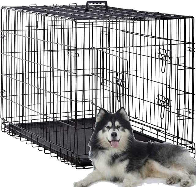48 Inch Large Dog Crate Dog Kennel Cage Metal Wire Crates Pet Cages Double-Door Foldable Kennels with Handle and Plastic Tray Indoor&Outdoor,Black XXL