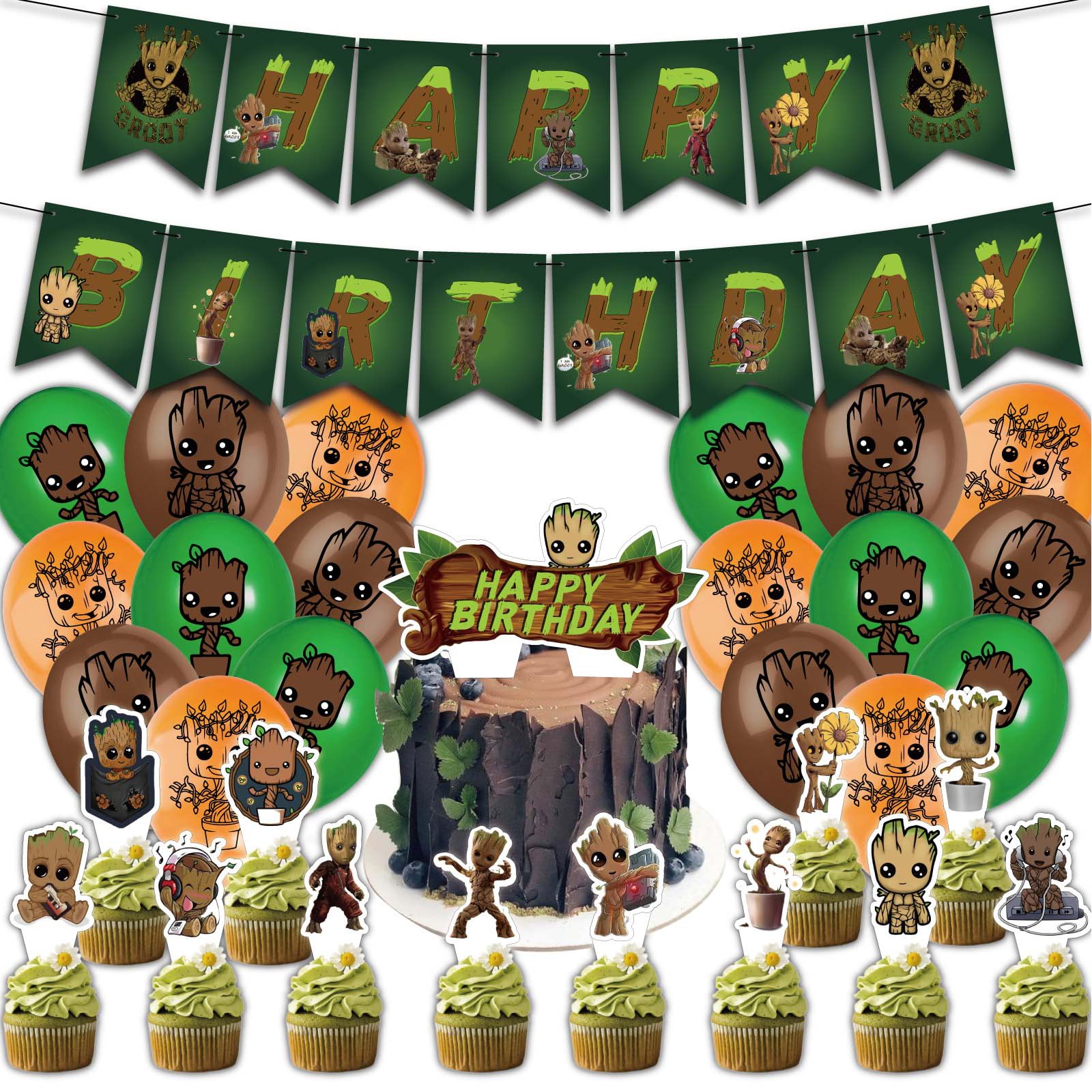 Groot Birthday Party Decorations - simyron 32 PCS Guardians of the Galaxy Groot Baby Themed Happy Birthday Banner Cake Topper Balloons Cupcake Decorating for kids Birthday Supplies
