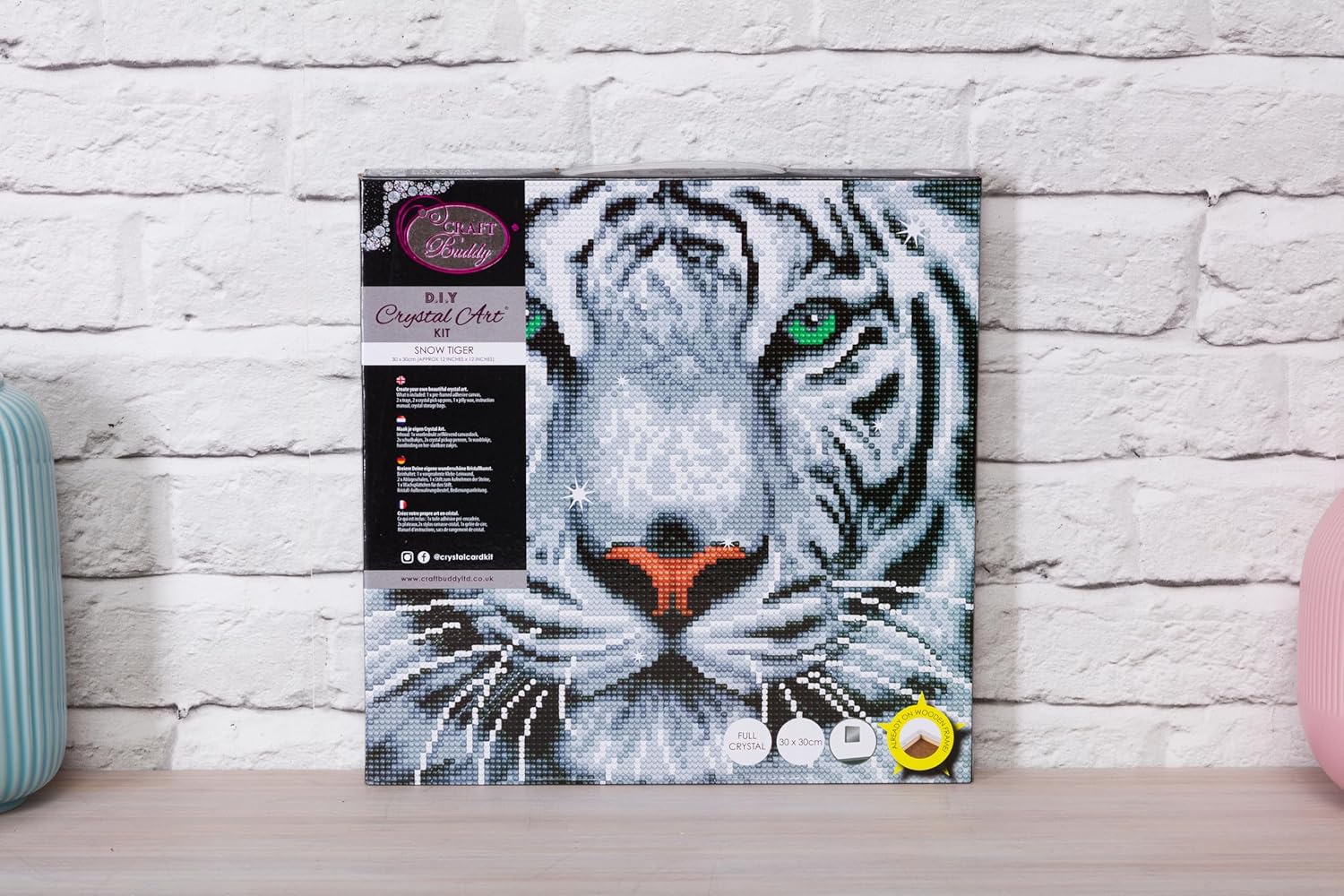 Crystal Art Medium Framed Mounted Wall Art Kit (11.8in x 11.8in) - White Tiger - Diamond Painting Kit for ages 8 and up