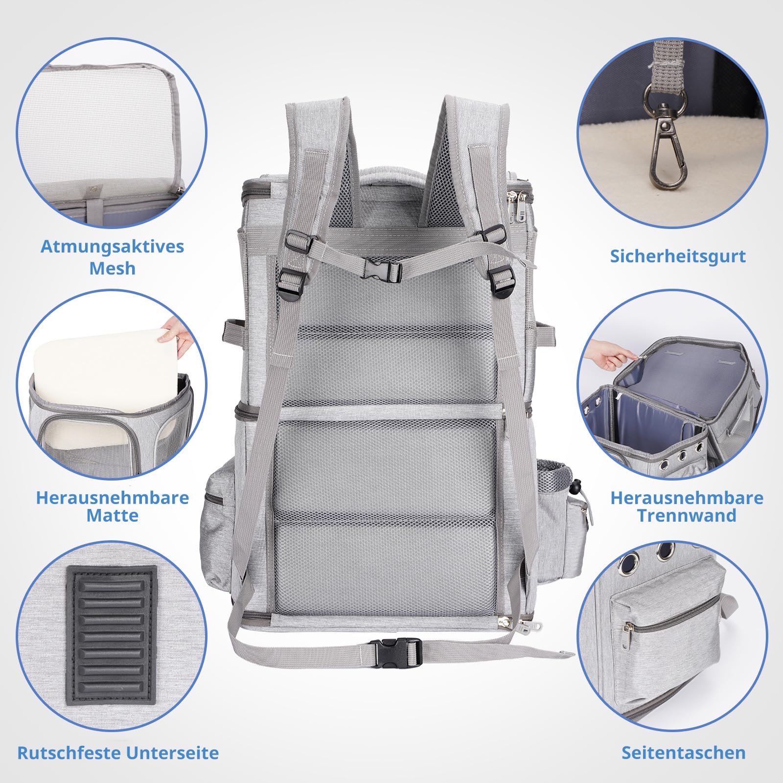Katzentransportbox für 2 Katzen, Katzenrucksack Große Katzen bis 12kg, perfekt für Reisen/Wandern/Camping, Grau, XL