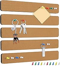 XAMILE 5 Pack Felt Pin Board Bar Strips, Light Blue Bulletin Boards for Wall – Self Adhesive Cork Boards with 35 Push Pins, Notice Boards for Office, Home Décor, Notes, Photos, Schedules (Wood Brown)