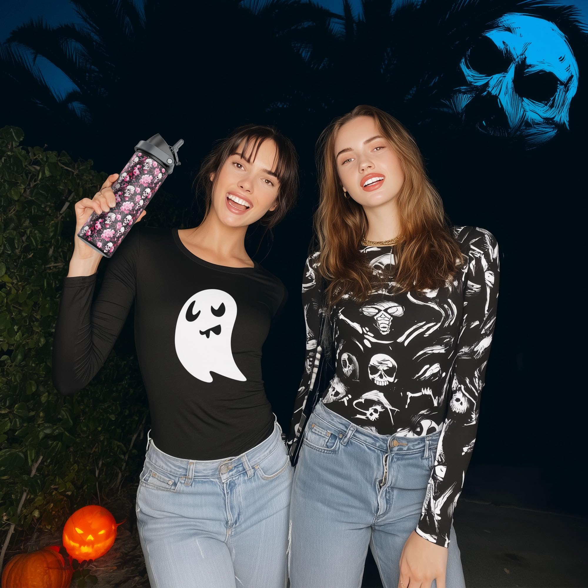 24 oz Insulated Water Bottle for Halloween: Meoky Stainless Steel Water Bottle with Straw and Spout Lid - Leak Proof, Cold for 24 Hours, Fits in Car Cup Holder, Halloween Gifts for Adults, Haunt Bloom