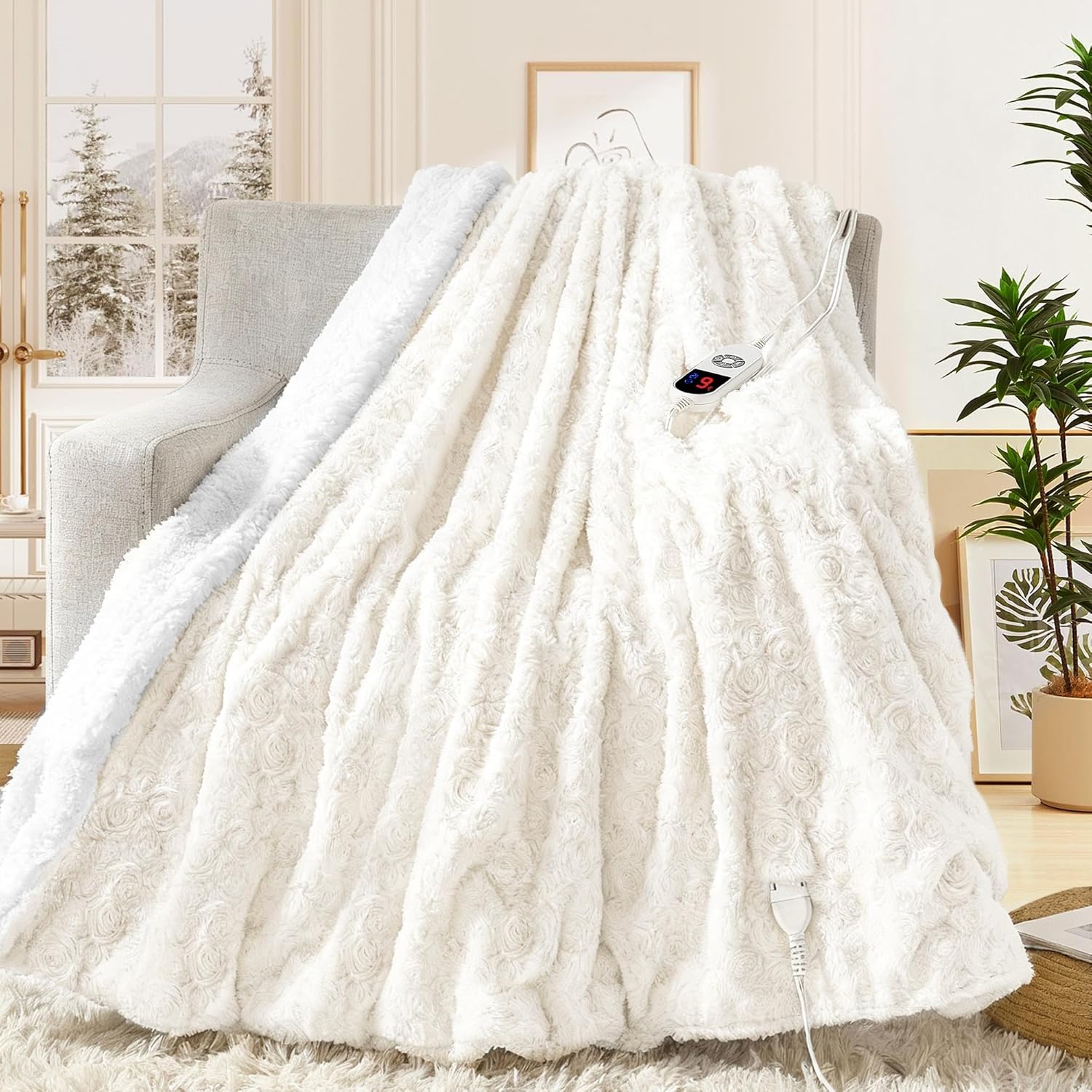 MAXEVE Heated Blanket Electric Throw 50"x60" Faux Rabbit Fur Sherpa Blankets with 6 Heating Sets & 12 Hours Auto Off, Warm Gifts for Grandma Wife, ETL Certification