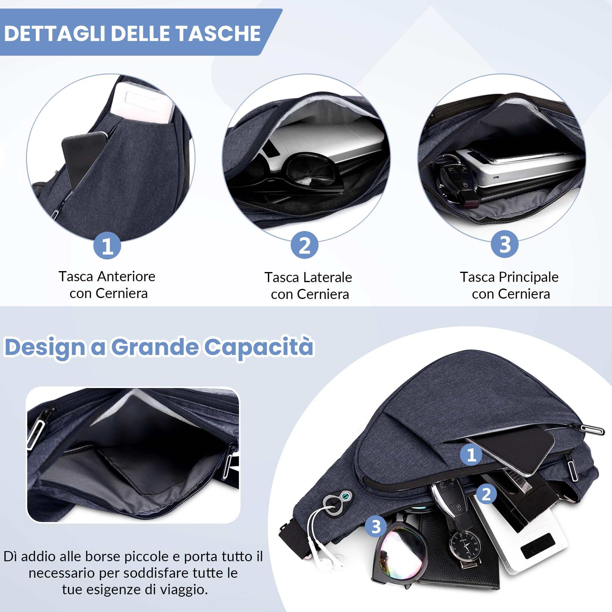 VARLIVOO Zaino Monospalla da Uomo Sling Bag Borse a Spalla Borsa a Tracolla Viaggio Escursionismo Ciclismo Impermeabile Poliestere Blu B