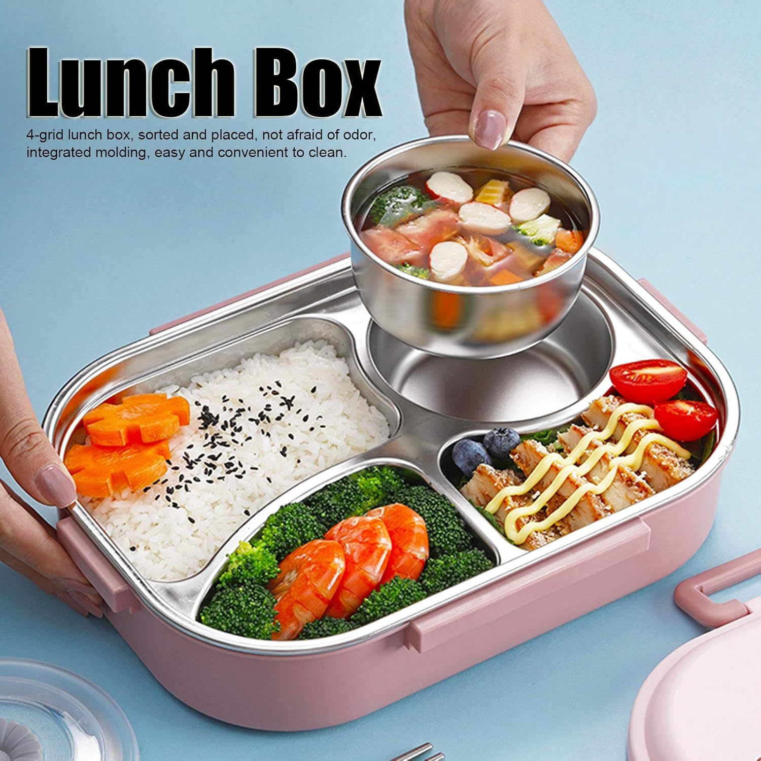 Pink Niiyen lunch box with 4 compartments filled with various foods and a soup bowl.