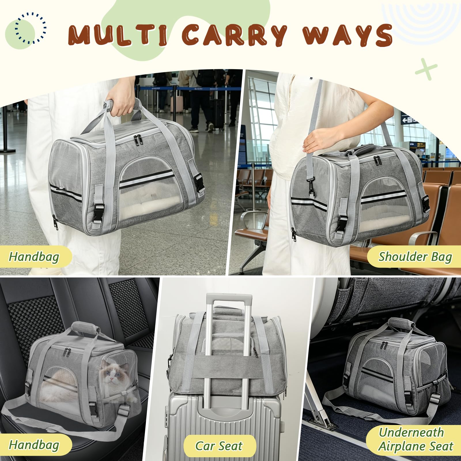 Romon Transportín Gato Perro, Transportin Pequeño Cat Carrier, Bolsa Transporte Transpirable para Mascotas con Colchón Suave, Plegable Bolso Gatos Cachorros Gatitos de 6Kg, 17.3x11x9.8 Inch, Gris