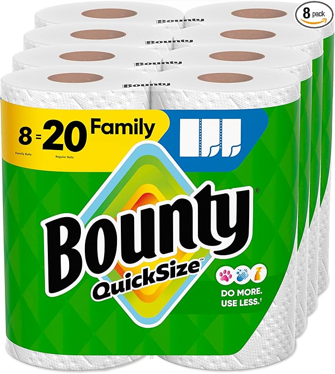 Bounty Quick Size Paper Towels, White, 8 Family Rolls = 20 Regular Rolls