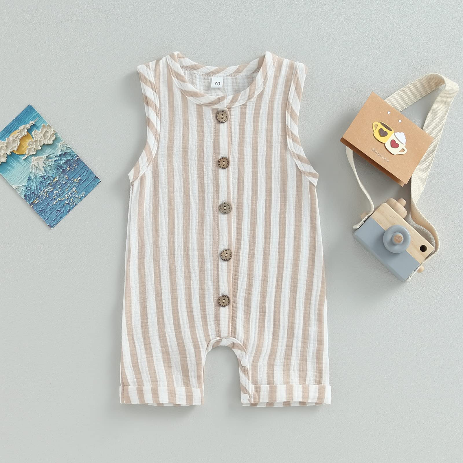 Infant Baby Boys Girls Cotton Linen Jumpsuits Sleeveless Button Down Striped Short Overalls Romper Summer Fall Outfits (Light Brown, 12-18 Months)