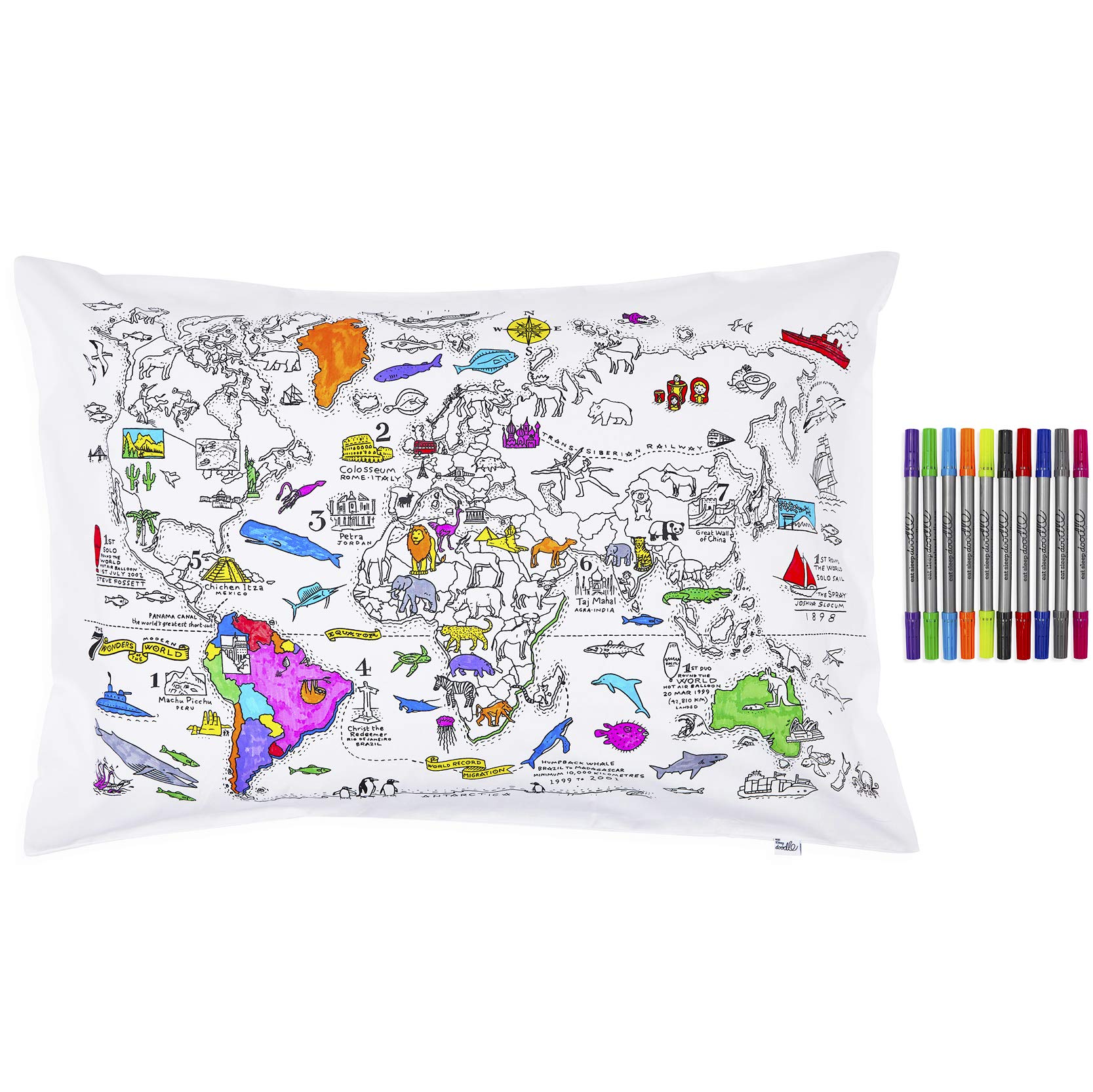 eatsleepdoodle World Map Pure Cotton Soft Pillowcase - Fun, Educational World Geography Learning Doodle Pillowcase - Kid's World Map Coloring Pillowcase with Washable Felt Tip Fabric Markers