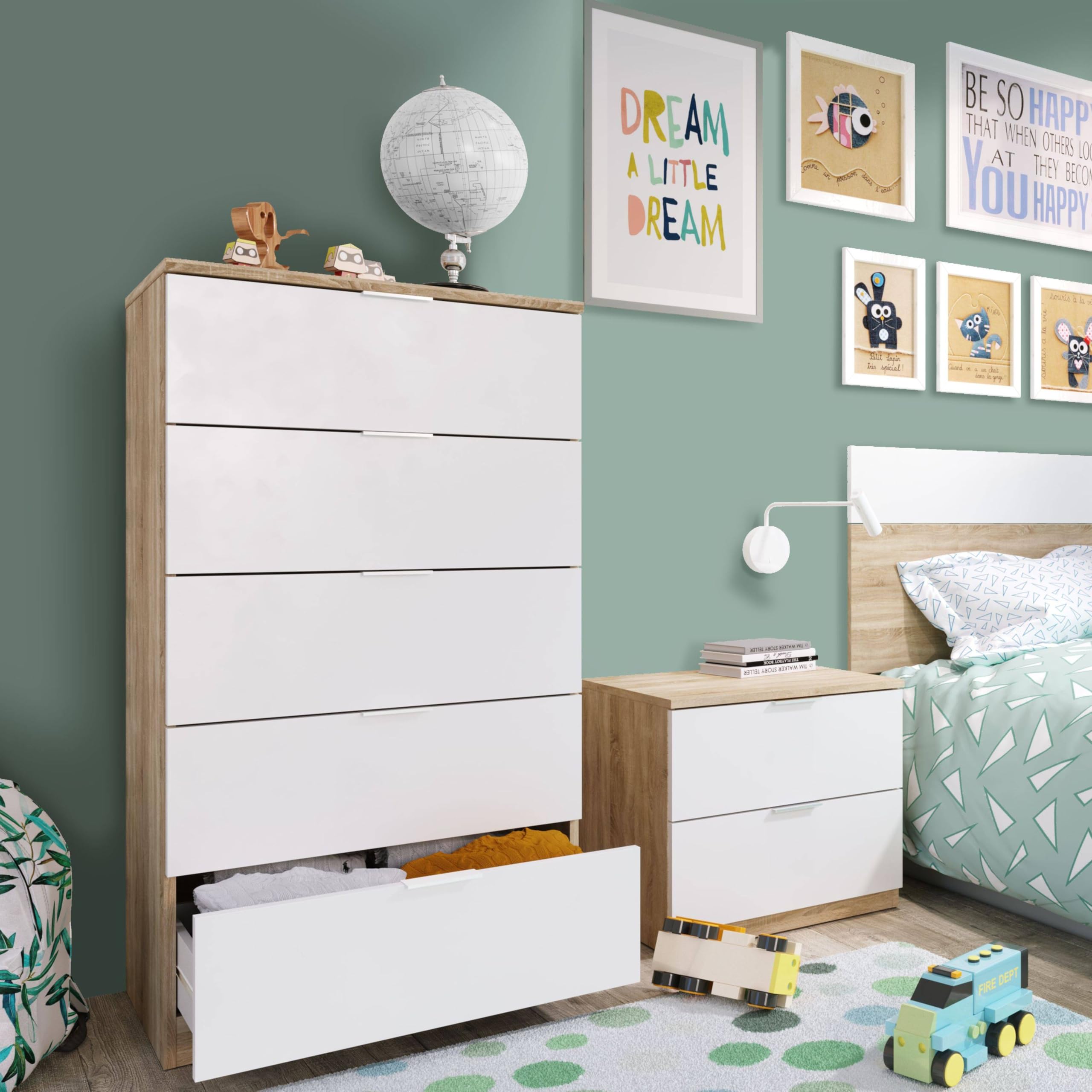 Habitdesign - Cómoda de Dormitorio con 5 Cajones, Sinfonier110x60x40 cm, Sinfonier 5 Cajones, Color Roble Canadian y Blanco Artik - Modelo Alaya