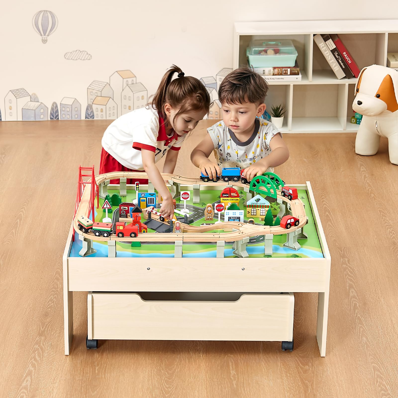 VEVOR Holz Aktivitätstisch, 100-teilig, Eisenbahntisch mit rollender Schublade, 3-in-1-Holzeisenbahn-Set zum Spielen, Malen, Lesen, Essen, kreatives Spielzeug-Set für Kinder ab 3 Jahren