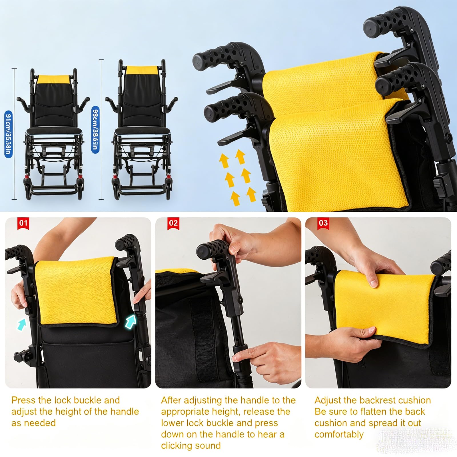 Silla de ruedas plegable ligera 2026, respaldo ajustable, neumáticos de panal de abeja de, sillas de transporte con mango telescópico, reposapiés plegables y reposabrazos, hasta 100kg