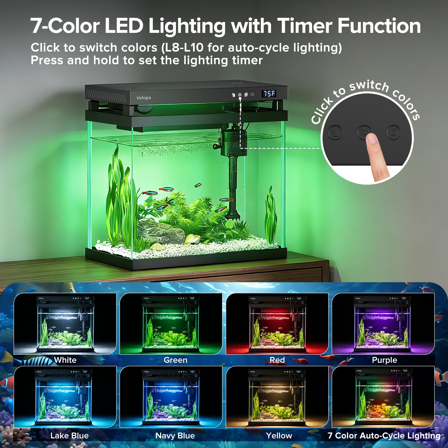 Vehipa Fish Tank, kit per acquario intelligente da 8L nero | alimentatore automatico, pompa dell'acqua, display della temperatura, umidificatore e illuminazione a 7 colori