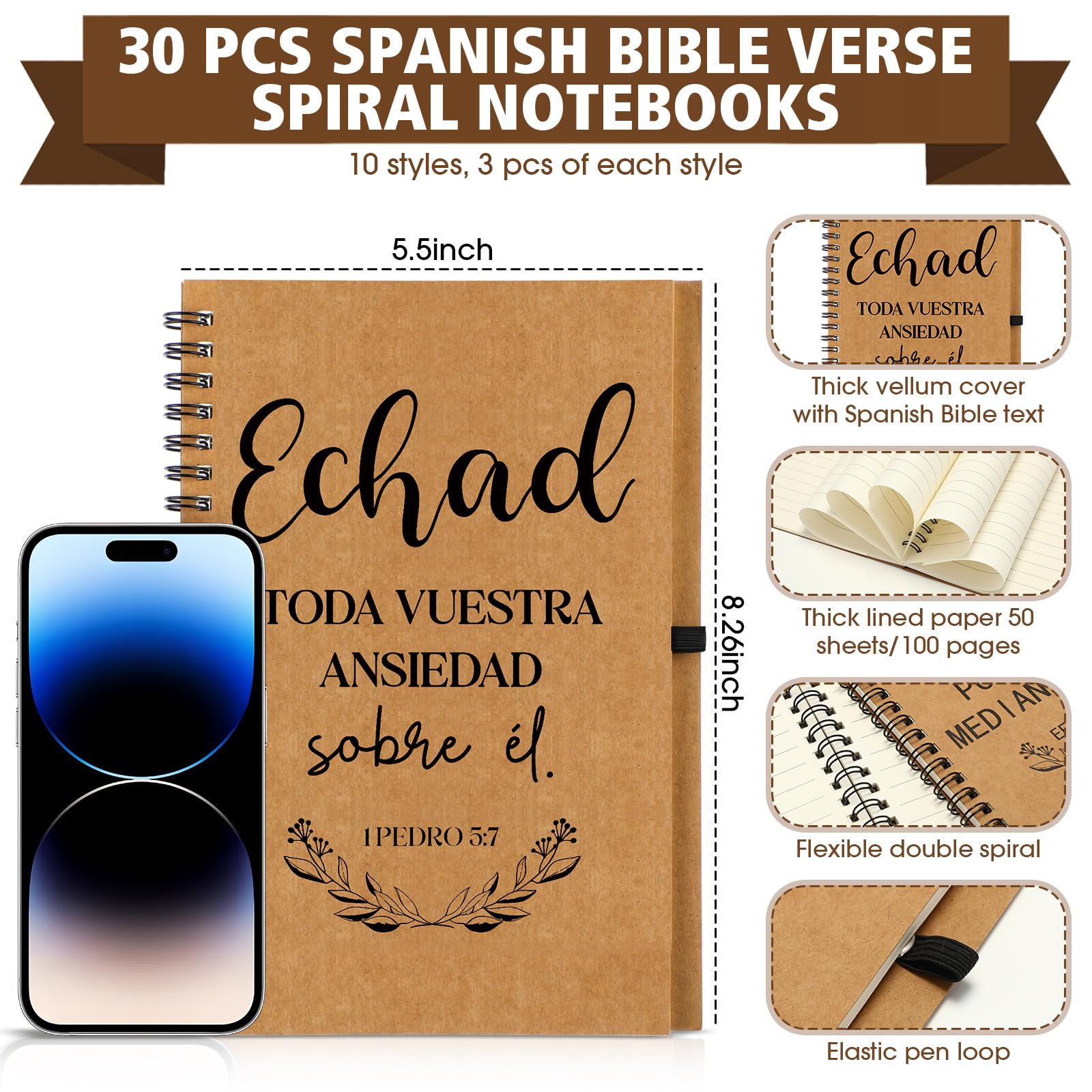 Resurhang Regalos Cristianos En Español, 60 quaderni cristiani spagnoli, con penne, regalo cristiano spagnolo, diari motivazionali, penne ispiratrici, regali di ringraziamento per colleghi di famiglia