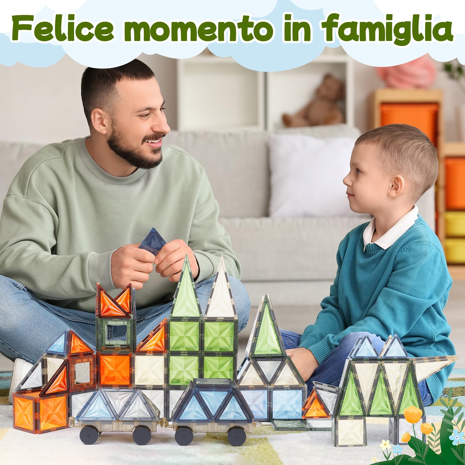 100 Pz di Magnetic Building Tiles, Set di Blocchi Magnetici in Colori Naturali con Veicoli Magnetici, Giochi Educativi per Regalo di Compleanno per Bambini dai 36 Mesi in su