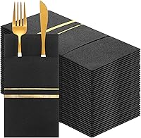 Vista 1 de Paquete de 100 servilletas desechables de lino con bolsillo integrado para cubiertos forrados con ribete dorado, servilletas de papel como