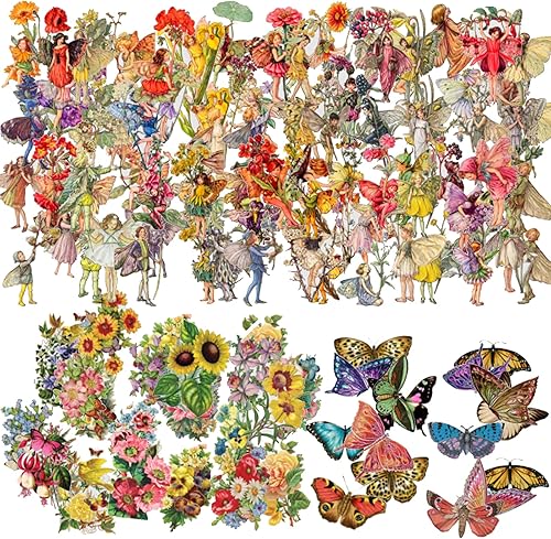 360 calcomanías de hada de flores, suministros vintage para álbumes de recortes, calcomanías transparentes de flores de mariposa para plantas,