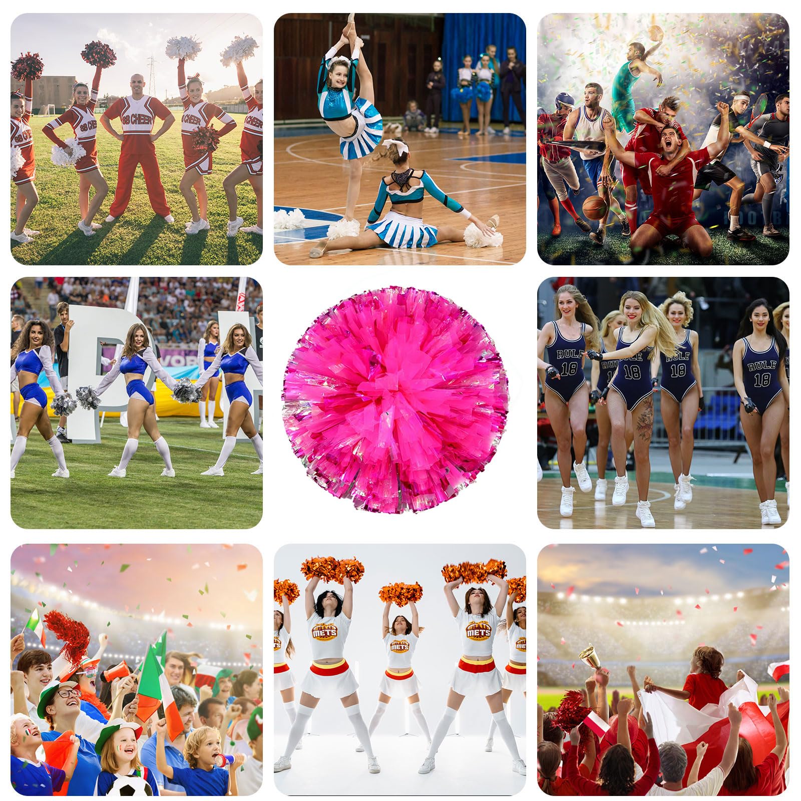 24 szt. pompony Cheer, pompony cheerleaderki z otworami na palce, pompony do tańca, zapałek (kolorowe mieszane różowe czerwone)