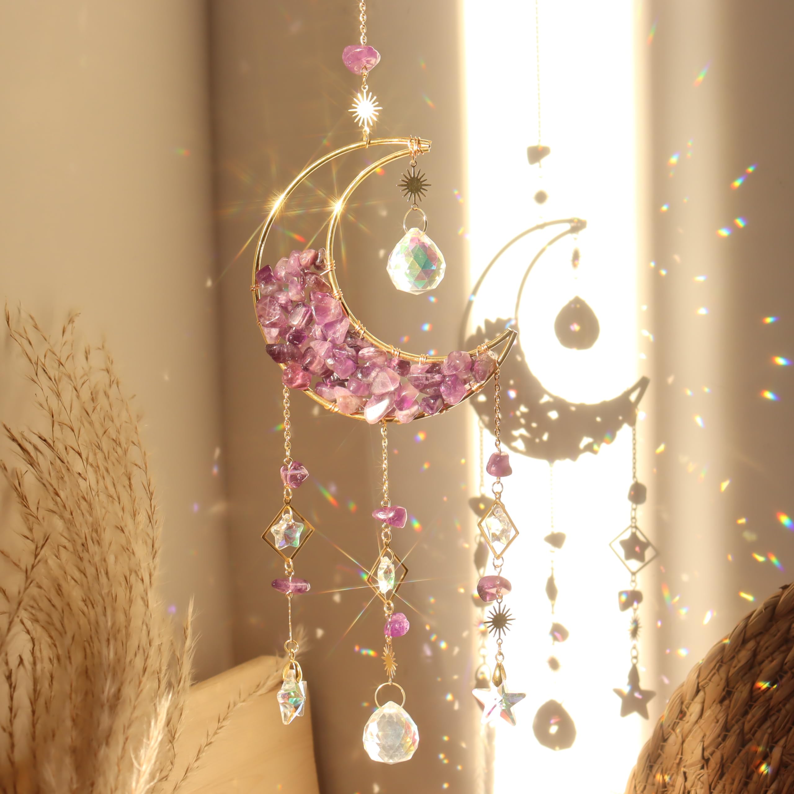 Moon Sun Catcher,Moon Crystal Dream Catcher,Meditation Crystal fit for Window Home Garden Decorations Room Car Garden Party Wedding Decor (Purple)