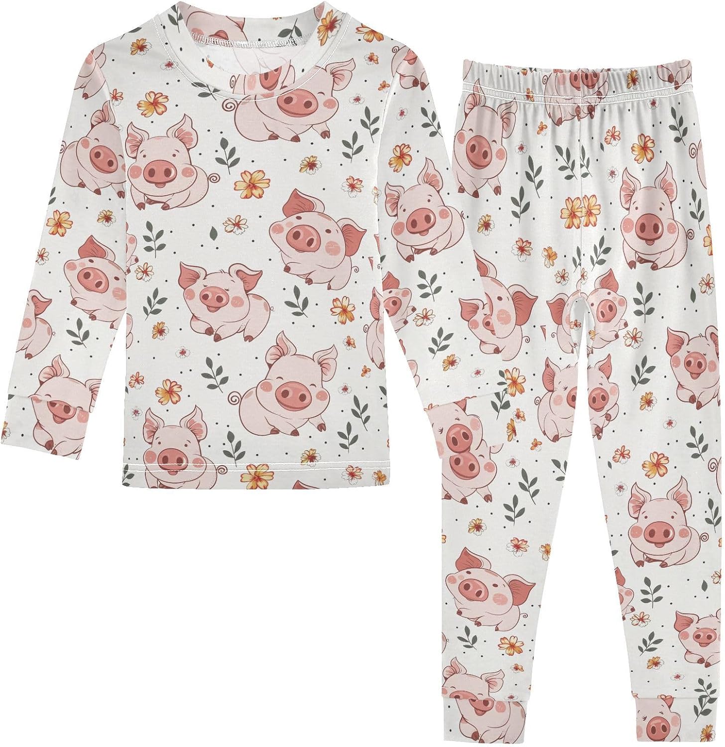 ALAZA Pig Piggy Flower White 2 Piece Pajama Set Long Sleeve Top and Pants Sleepwear Unisex