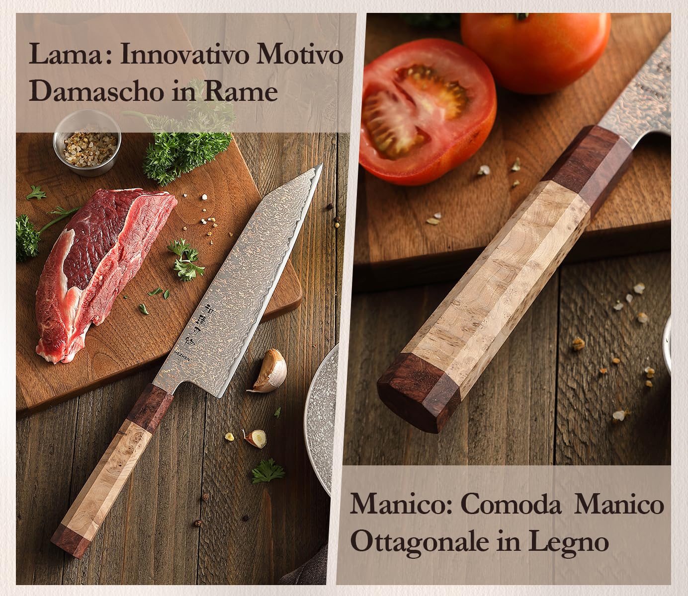 HEZHEN Coltello da Kiritsuke Damasco, Coltello da Cucina in Acciaio Damasco Coltello da Bunka, Manico Ottagonale in Legno