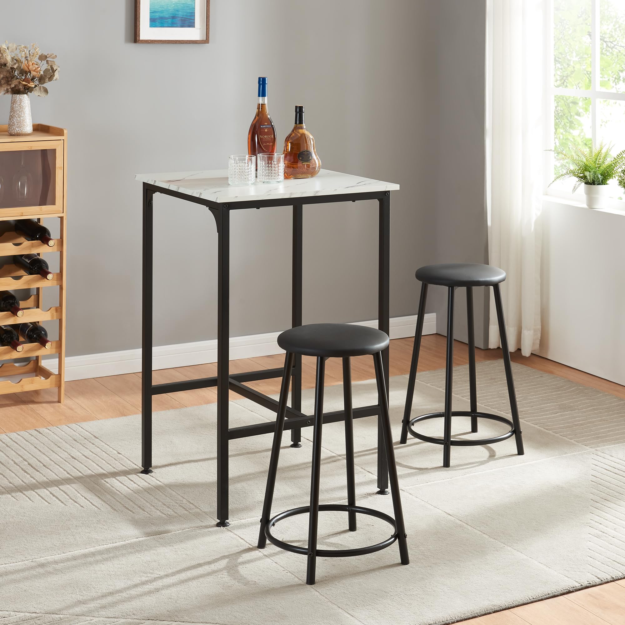 Panana 3pcs Pub Dining Set, Industrial Counter Height Dining Bar Table with 2 Stools (White Black)