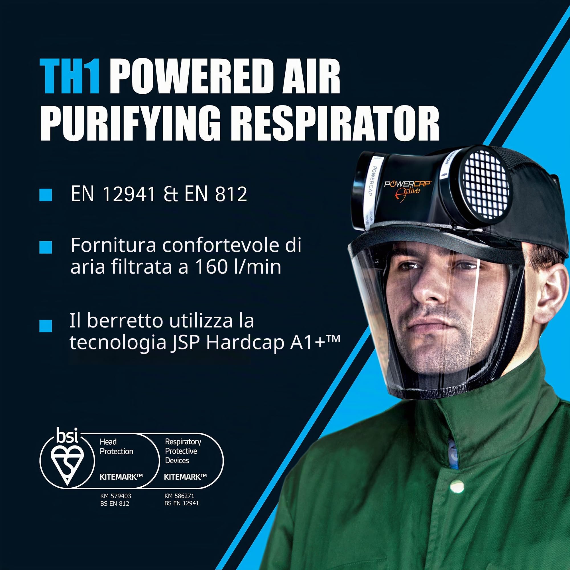 JSP PowerCap Active Respiratore Elettroventilato con Berretto Antiurto | Protezione da polvere e particelle. Batteria 8 h e USB. TH1. Legno, bricolage. EN 12941 & EN 812.