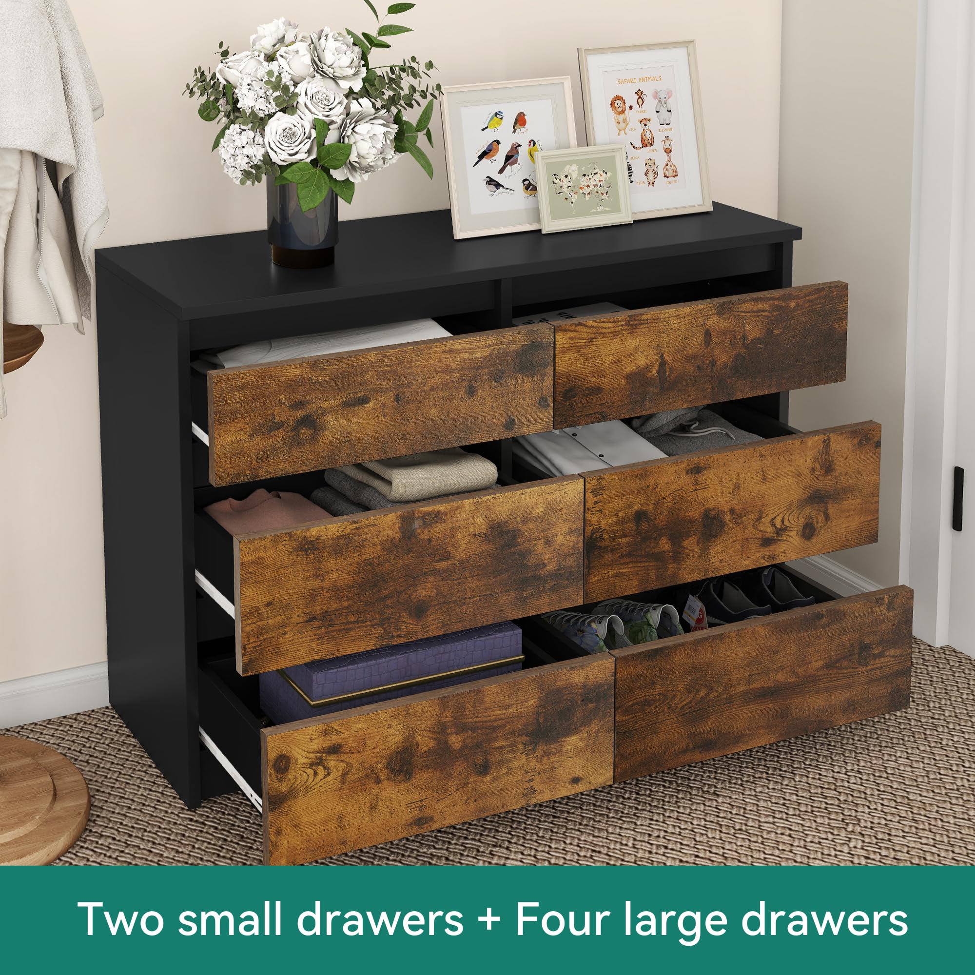 YITAHOME Kommode, 6 Schubladen Schlafzimmerschrank, modernes Möbel 100x30x70cm, stabil & sicher, aus Holz, mit Laufschienen, Schwarz Rustikal Braun