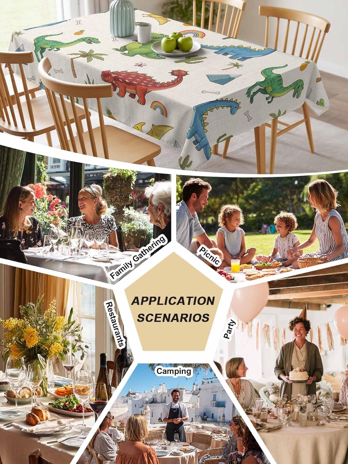 Children's Day Waterproof Table Cloth Cartoon Green Blue Dinosaur Cactu Rainbow Linen Texture Waterproof & Wrinkle Table Cover, Washable Polyester Soft Fabric Table Cloth for Outdoor Indoor Parties