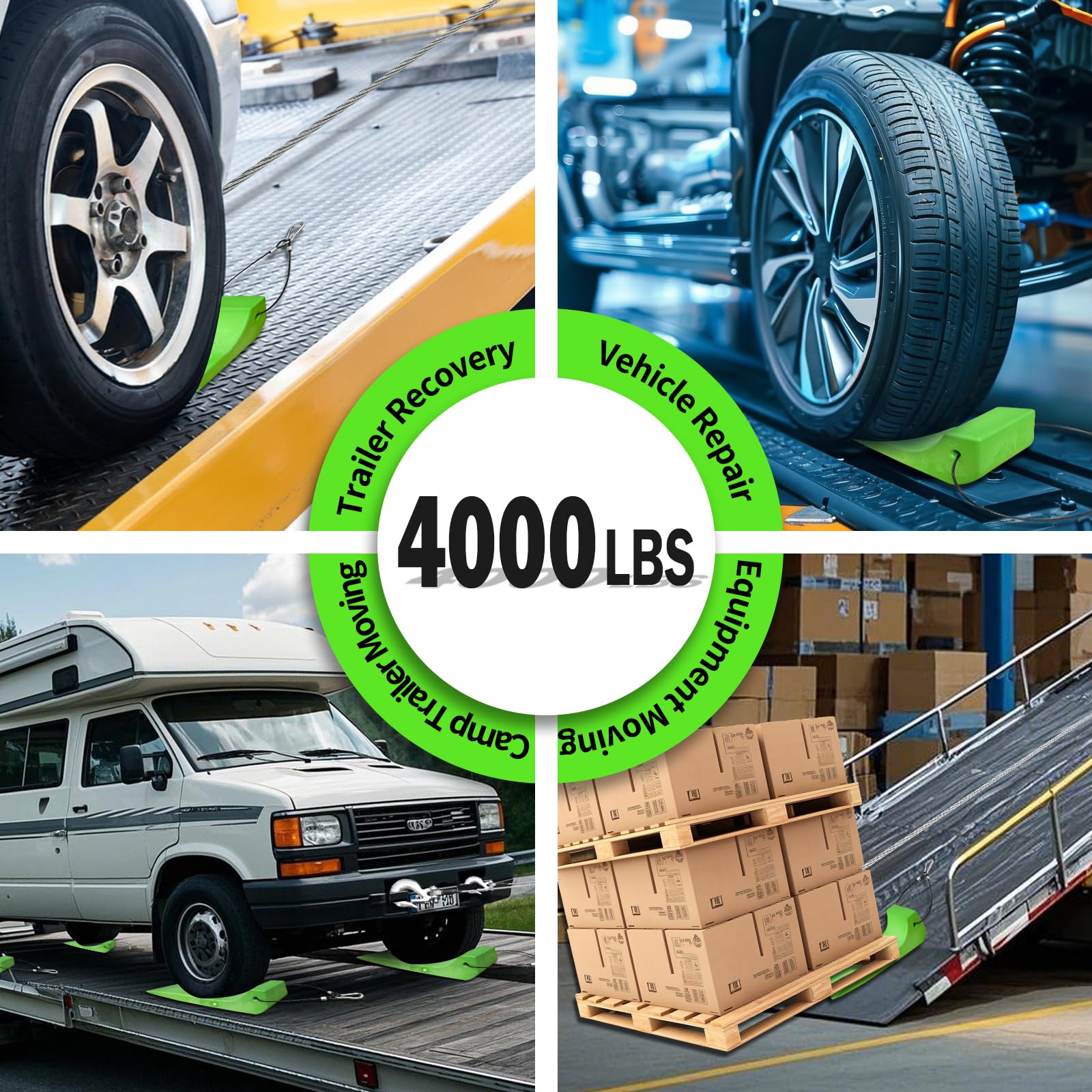 YATOINTO Lot de 4 Patins à pneus – Patins de remorque emboîtables Robustes pour transporteurs de Voitures, Lits Plats, dépanneuses et transporteurs à Roues arrière – Vert sécurité – Chargement et