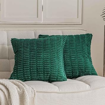 JUSPURBET Dark Green Soft Corduroy Throw Pillow Covers 16x16 inch Set of 2 with Invisible Zipper for Sofa Couch Bed,Christmas Decorative Boho Solid Square Striped Cushion Covers