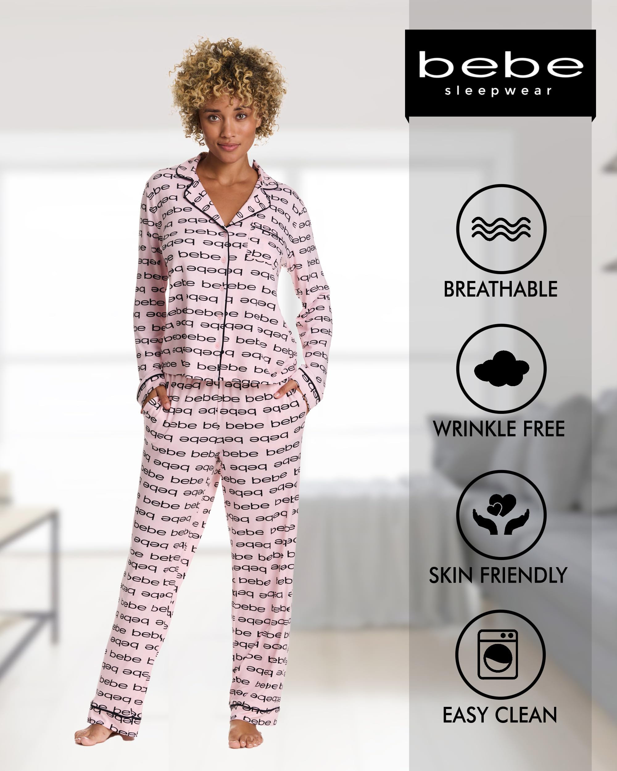 bebe Button Down Pajamas for Women, Long Sleeve Button Up Pajamas with Pants, Ladies Sleepwear PJ Set (Rose Shadow, Large)