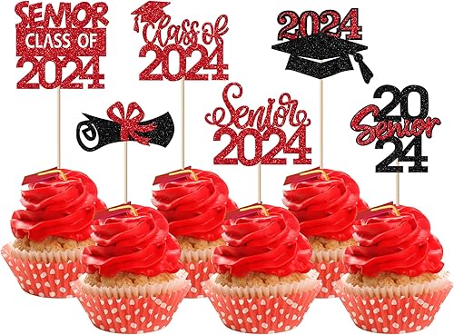 Rsstarxi Paquete de 24 adornos para cupcakes de graduación 2023 con purpurina para la clase superior de 2023, tapa de graduación, diploma para