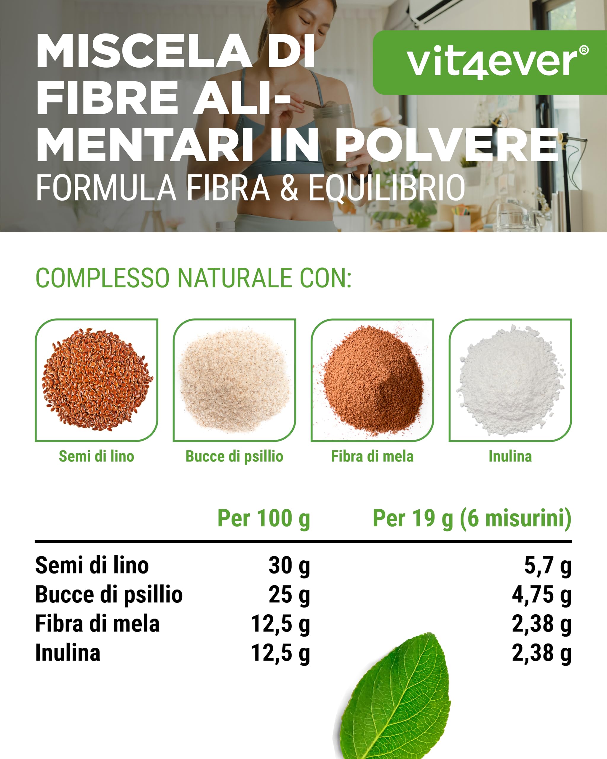 Combinazione di fibre alimentari - 400 g di polvere con bucce di psyllium, inulina (prebiotico), polpa di mela, semi di lino - Alto contenuto di fibre alimentari - Vegan - Con aroma naturale di ananas