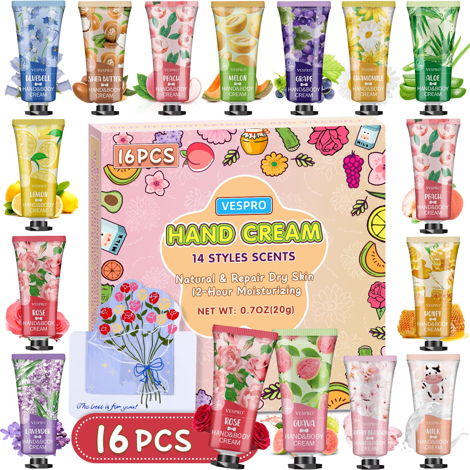 16 Pack Hand Cream Set, Stocking Stuffers for Women, Bridesmaid Gifts, Bulk Hand Lotion Travel Size for Dry Cracked Hands, Mini Hand Lotion for Thank You Gifts and Christmas Gifts with a Greeting Card
