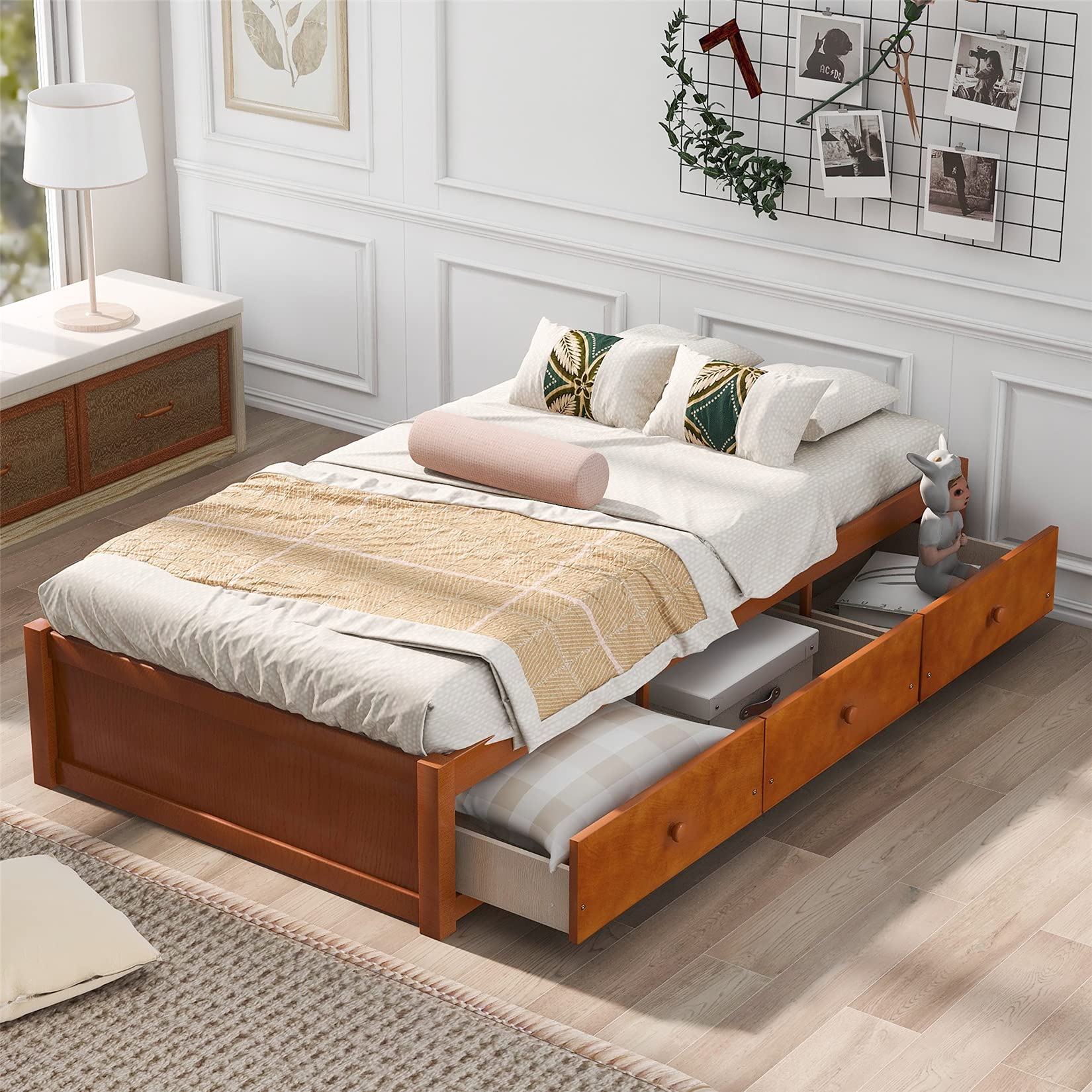 Bellemave Twin Size Platform Bed with 3 Storage Drawers, Solid Wood Platform Bed with Support Slats for Kids Teens, No Box Spring Needed, Oak