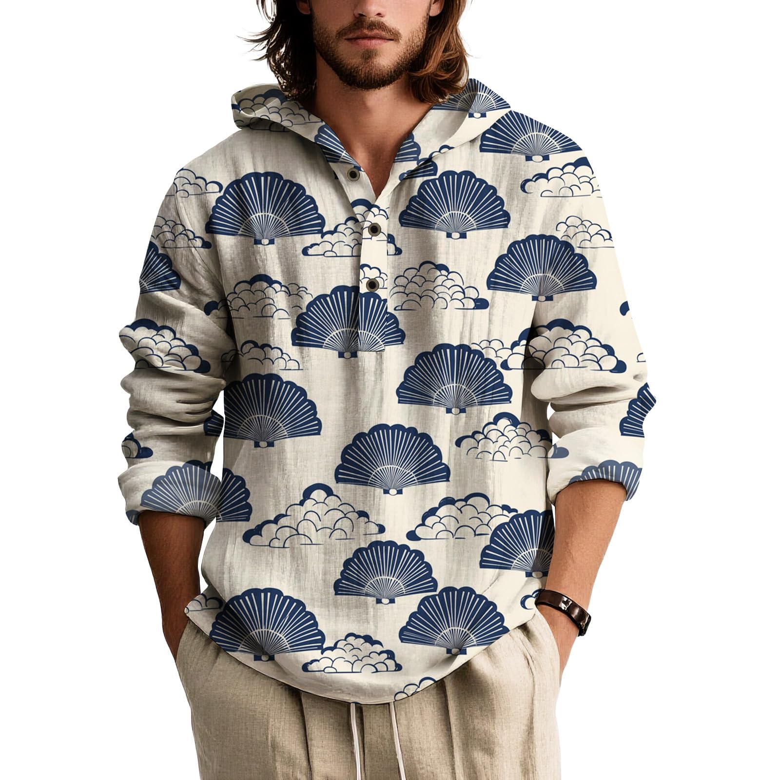 Mens Long Sleeve Button Down Shirt Japanese Art Print Relaxed Fit Casual Top Artistic Style Navy Black