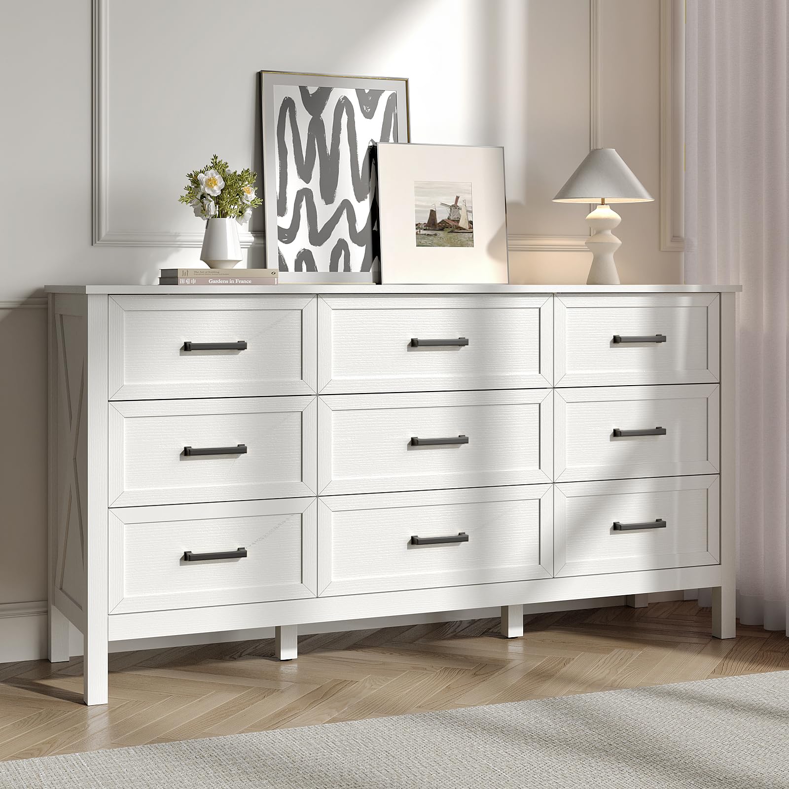 BAZELOR Farmhouse 9 Drawers Dresser for Bedroom, Wood Rustic Wide Dressers with Metal Handles, Wood Chest for Bedroom, Hallway, Entryway, White