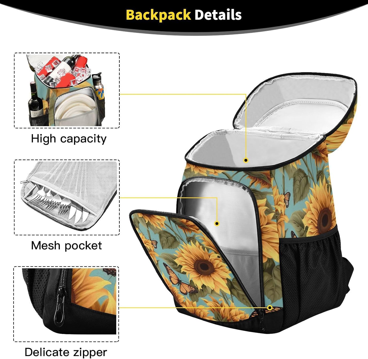 Sunflower Butterfly Cooler Backpack 36 Cans Leakproof Waterproof Backpack Cooler Bag Beach Accessories Travel Camping Fishing Backpack for Women Men