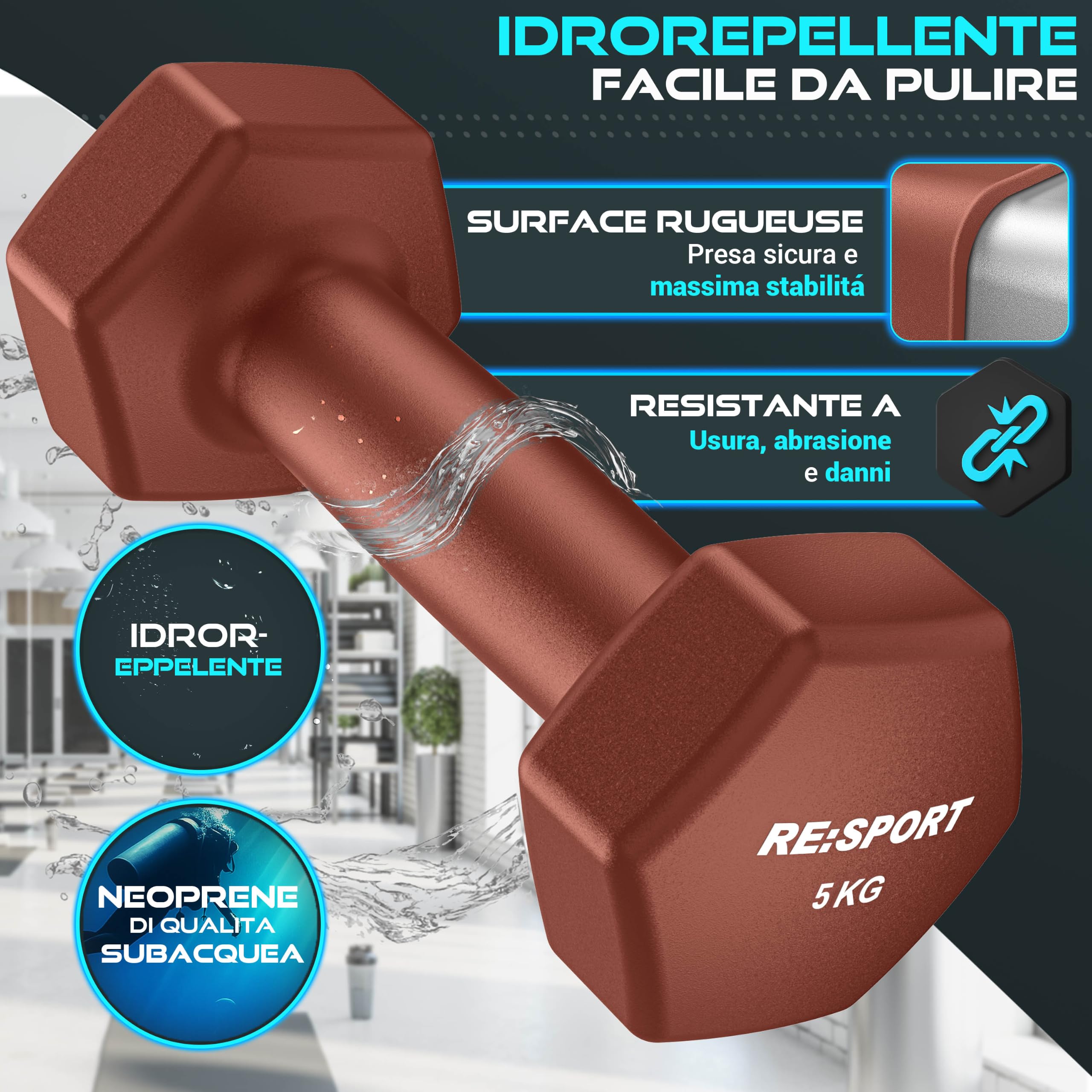 RE:SPORT® Set di manubri da 3 paia, da 1 kg a 5 kg, 12 kg o 18 kg, con supporto e 3 fasce da fitness, manubri corti antiscivolo in neoprene per uomo e donna, set di manubri
