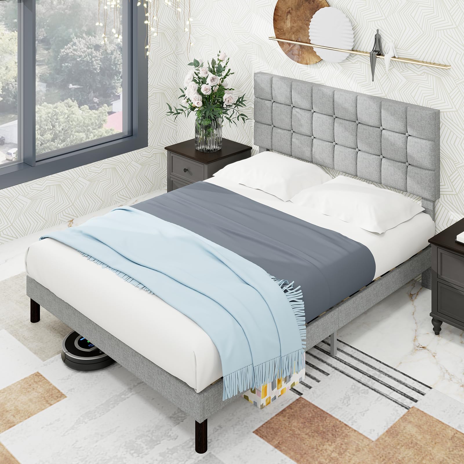 Full Size Bed Frame, Linen Fabric Upholstered Platform with Headboard ...